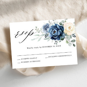 Dusty Blue Navy Champagne Ivory Floral Wedding RSVP Card