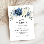 Dusty Blue Navy Champagne Ivory Floral Wedding Sav Save The Date<br><div class="desc">Dusty blue floral wedding save the date card featuring elegant bouquet of navy blue, royal blue , white , gold, champagne ivory, blush colour rose , ranunculus flower buds and sage green eucalyptus leaves and elegant watercolor boquet. Please contact me for any help in customisation or if you need any...</div>