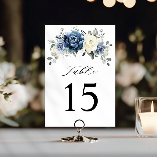 Dusty Blue Navy Champagne Ivory Floral Wedding Table Number (Dusty Blue Navy Champagne Ivory Floral Wedding Table Number)