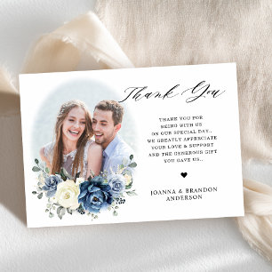 Dusty Blue Navy Champagne Ivory Floral Wedding Thank You Card