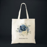 Dusty Blue Navy Champagne Ivory Floral Wedding Tote Bag<br><div class="desc">Dusty blue floral wedding bridesmaid gift totebag featuring elegant bouquet of navy blue, royal blue , white , gold, champagne ivory, blush colour rose , ranunculus flower buds and sage green eucalyptus leaves and elegant watercolor bouquet. Please contact me for any help in customisation or if you need any other...</div>