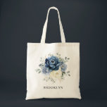 Dusty Blue Navy Champagne Ivory Floral Wedding Tote Bag<br><div class="desc">Dusty blue floral wedding bridesmaid gift totebag featuring elegant bouquet of navy blue, royal blue , white , gold, champagne ivory, blush colour rose , ranunculus flower buds and sage green eucalyptus leaves and elegant watercolor bouquet. Please contact me for any help in customisation or if you need any other...</div>