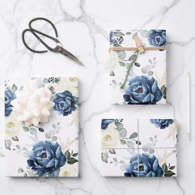 Dusty Blue Navy Champagne Ivory Floral Wedding Wrapping Paper Sheet (Front)