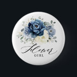 Dusty Blue Navy Champagne Ivory Flower girl 6 Cm Round Badge<br><div class="desc">Dusty blue floral Flower girl button featuring elegant bouquet of navy blue, royal blue , white , gold, champagne ivory, blush colour rose , ranunculus flower buds and sage green eucalyptus leaves and elegant watercolor bouquet. Please contact me for any help in customisation or if you need any other product...</div>