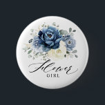 Dusty Blue Navy Champagne Ivory Flower girl 6 Cm Round Badge<br><div class="desc">Dusty blue floral Flower girl button featuring elegant bouquet of navy blue, royal blue , white , gold, champagne ivory, blush colour rose , ranunculus flower buds and sage green eucalyptus leaves and elegant watercolor bouquet. Please contact me for any help in customisation or if you need any other product...</div>