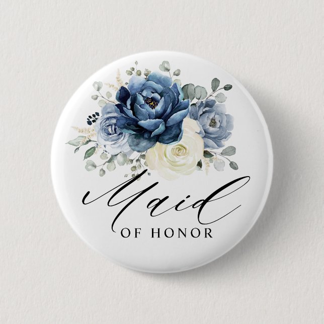 Dusty Blue Navy Champagne Ivory Maid of Honour 6 Cm Round Badge (Front)