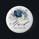 Dusty Blue Navy Champagne Ivory Maid of Honour 6 Cm Round Badge<br><div class="desc">Dusty blue floral Maid of honour button featuring elegant bouquet of navy blue, royal blue , white , gold, champagne ivory, blush colour rose , ranunculus flower buds and sage green eucalyptus leaves and elegant watercolor bouquet. Please contact me for any help in customisation or if you need any other...</div>