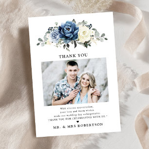 Dusty Blue Navy Champagne Ivory Photo wedding Thank You Card