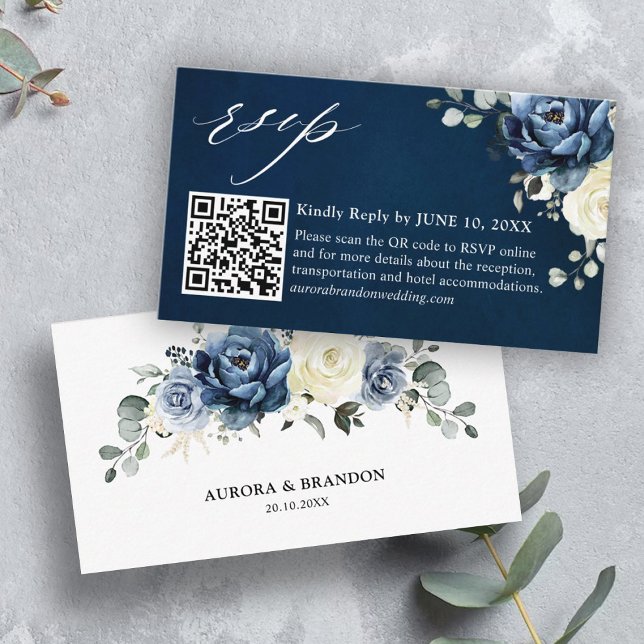 Dusty Blue Navy Champagne Ivory QR code RSVP Enclo Enclosure Card (Creator Uploaded)