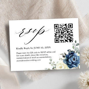 Dusty Blue Navy Champagne Ivory QR code RSVP Enclosure Card