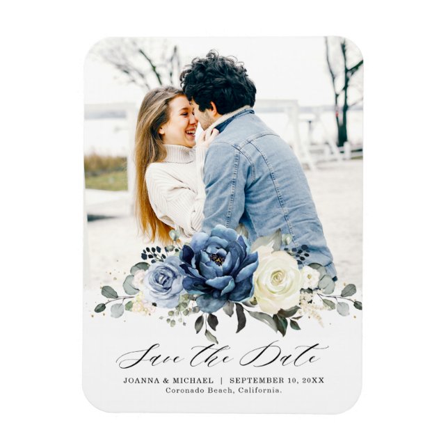 Dusty Blue Navy Champagne Ivory Save the Date Magnet (Vertical)