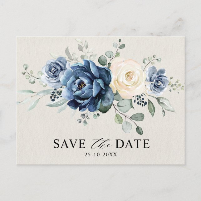 Dusty Blue Navy Champagne Ivory Save the Date Post Postcard (Front)