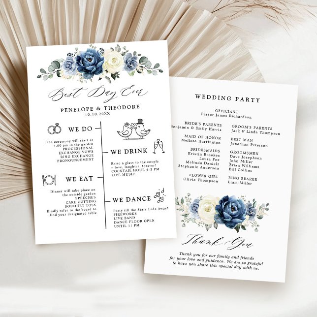 Dusty Blue Navy Champagne Ivory Wedding Program  (Dusty Blue Navy Champagne Ivory Wedding Program card | Best day ever)