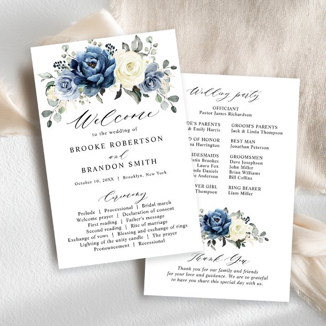 Dusty Blue Navy Champagne Ivory Wedding Program (Dusty Blue Navy Champagne Ivory budget Wedding Program card)