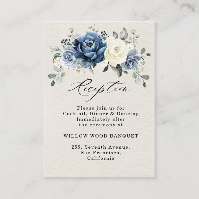 Dusty Blue Navy Champagne Ivory Wedding Reception  Enclosure Card (Front)