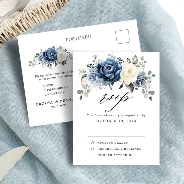 Dusty Blue Navy Champagne Ivory Wedding RSVP Postc Postcard (Dusty Blue Navy Champagne Ivory Wedding RSVP Postcard with meal choice )
