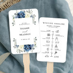 Dusty Blue Navy Champagne Ivory wedding Timeline Hand Fan<br><div class="desc">Dusty blue floral wedding itinerary timeline hand fan featuring elegant bouquet of navy blue, royal blue , white , gold, champagne ivory, blush colour rose , ranunculus flower buds and sage green eucalyptus leaves and elegant watercolor bouquet. Please contact me for any help in customisation or if you need any...</div>