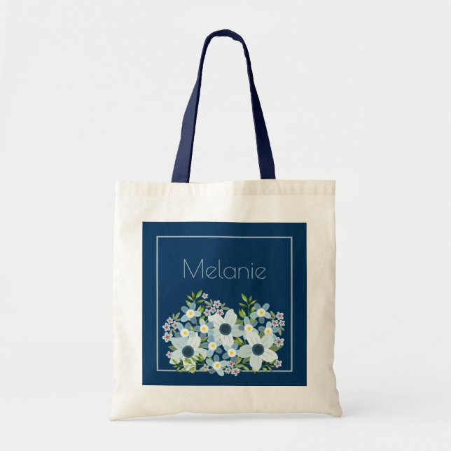 Dusty Blue, Navy Country Flower Bridesmaid Tote Bag (Front)