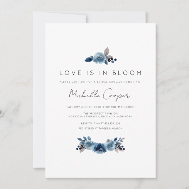 Dusty Blue Navy Floral Bridal Shower Invitation (Front)
