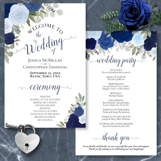 Dusty Blue & Navy Floral Budget Wedding Program (In Situ Front and Back)