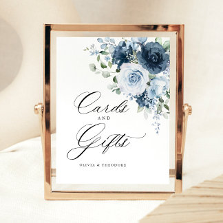 Dusty Blue Navy Floral Cards & Gifts Wedding Table Pedestal Sign