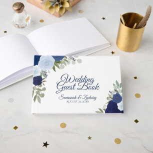 Dusty Blue & Navy Floral Elegant Boho Wedding Guest Book