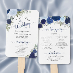 Dusty Blue & Navy Floral Elegant Wedding Program Hand Fan
