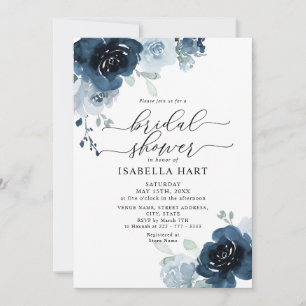 Dusty Blue Navy Floral Flowers Boho Bridal Shower Invitation