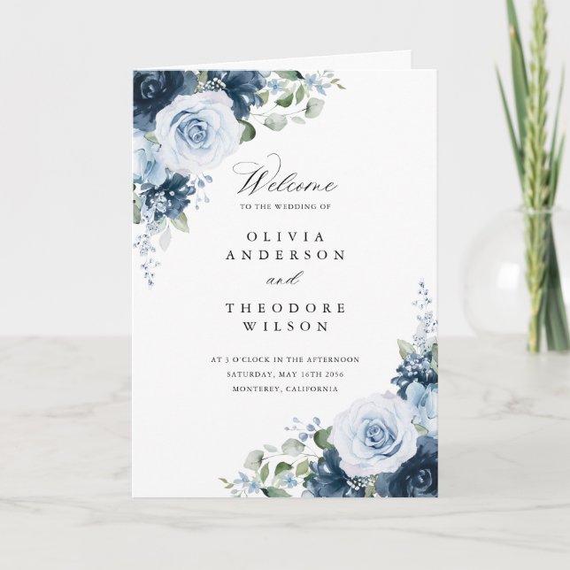 Dusty Blue Navy Floral Folded Wedding Ceremony Program (Front)