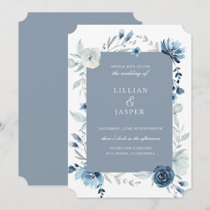 Dusty Blue Navy Floral Frame Wedding Invitation