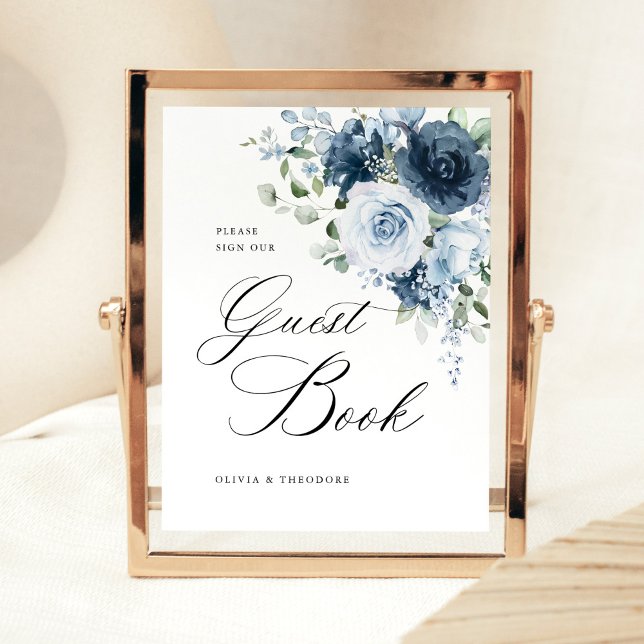 Dusty Blue Navy Floral Guest Book Wedding Table Pedestal Sign (Dusty blue navy floral guest book wedding table sign, elegant watercolor in gold pedestal frame)