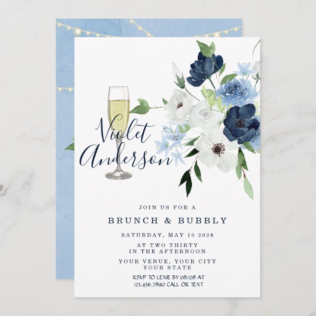 Dusty Blue Navy Floral Lights Brunch & Bubbly Invitation (Front/Back)