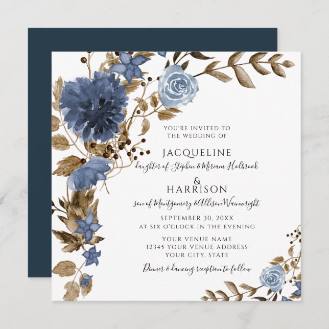 Dusty Blue Navy Floral Rustic Foliage Wedding Invitation (Front/Back)