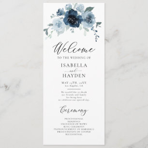 Dusty Blue Navy Floral Rustic Watercolor Wedding Program
