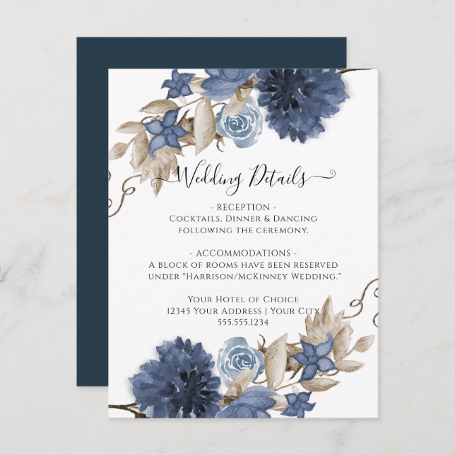 Dusty Blue Navy Floral Watercolor Wedding Details Invitation (Front/Back)