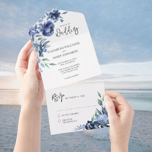 Dusty Blue Navy Floral Wedding All In One Invitation