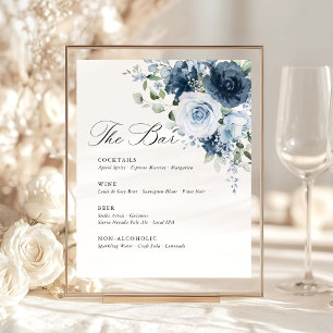 Dusty Blue Navy Floral Wedding Bar Menu Template Pedestal Sign