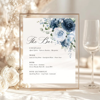 Dusty Blue Navy Floral Wedding Bar Menu Template Pedestal Sign
