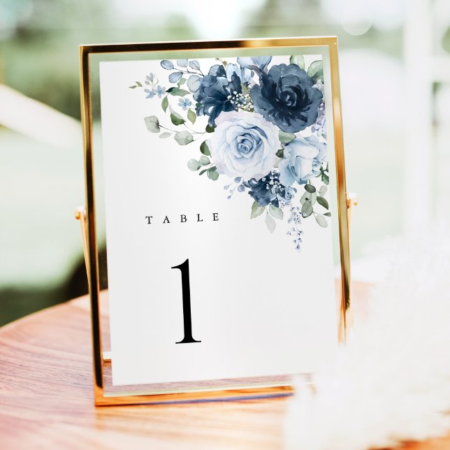 Dusty Blue Navy Floral Wedding Table Number Card (Dusty blue floral wedding table number card in gold frame, elegant modern reception decor)