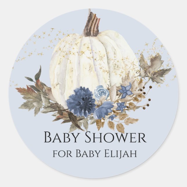 Dusty Blue Navy Floral White Pumpkin Baby Shower Classic Round Sticker (Front)