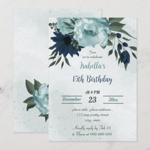 Dusty blue navy flowers botanical birthday invitation