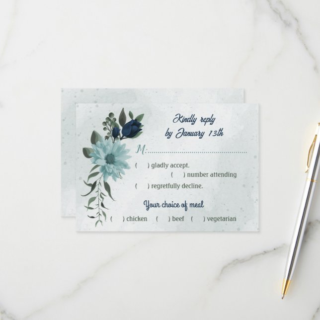 Dusty blue &navy flowers botanical meal choice RSVP card (Front/Back In Situ)