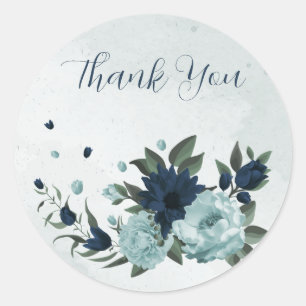 Dusty blue navy flowers botanical thank you classic round sticker