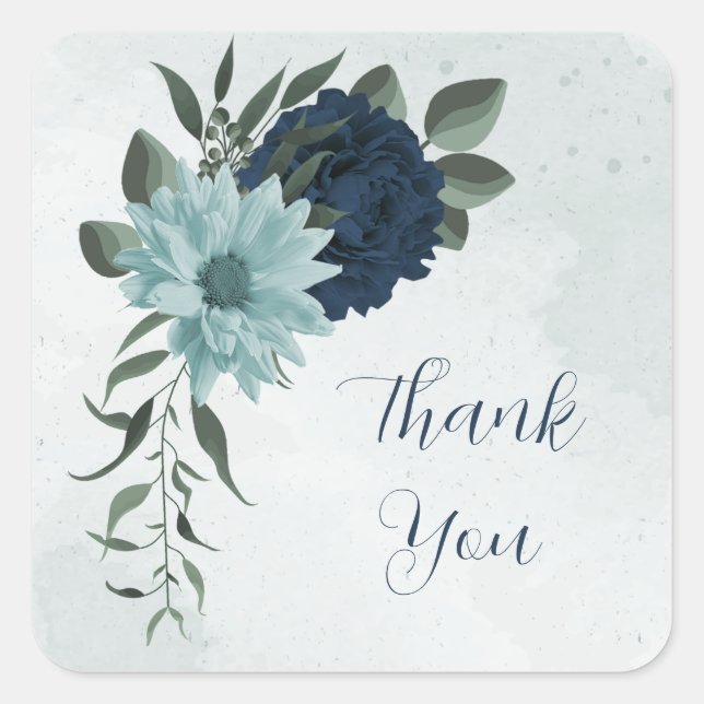 Dusty blue navy flowers botanical thank you square sticker (Front)
