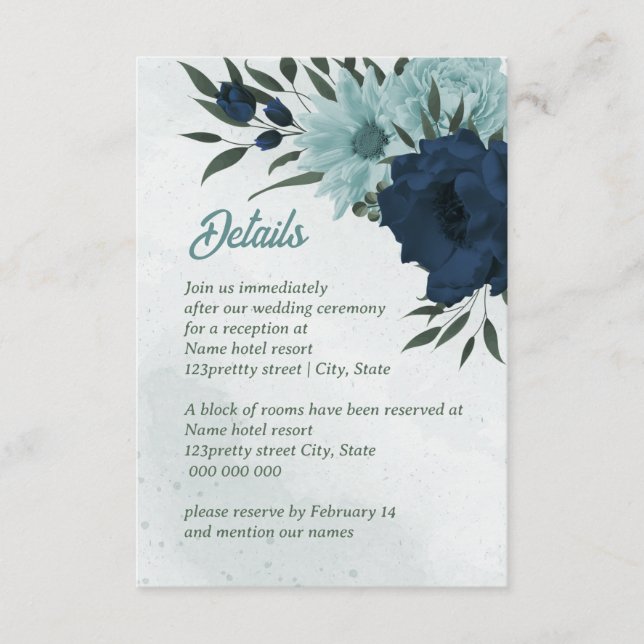 Dusty blue &navy flowers botanical wedding enclosure card (Front)