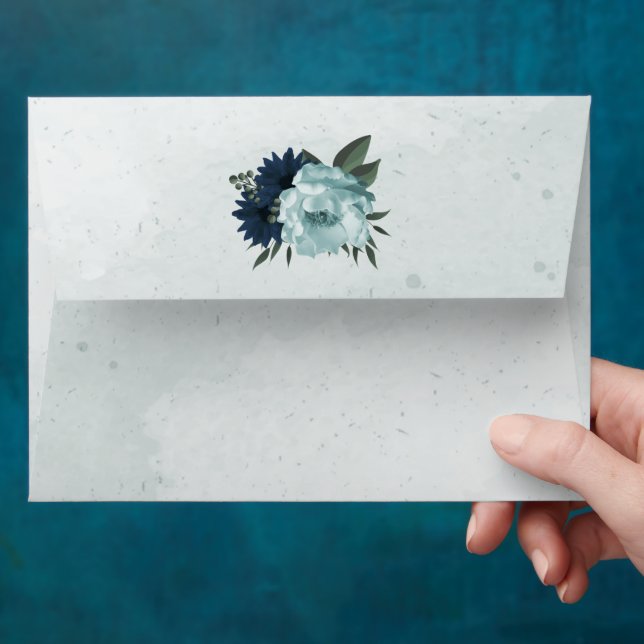 Dusty blue navy flowers botanical wedding envelope (Hand)