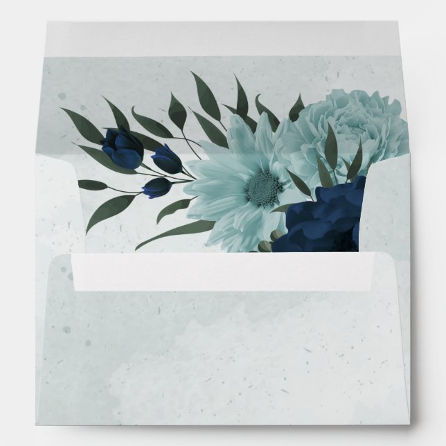 Dusty blue navy flowers botanical wedding envelope (Back (Bottom))