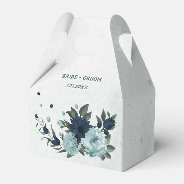 Dusty blue &navy flowers botanical wedding favour box (Front Side)