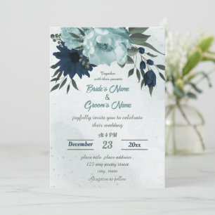 Dusty blue &navy flowers botanical wedding invitation