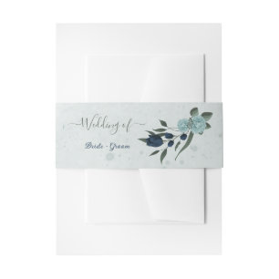 Dusty blue navy flowers botanical wedding invitation belly band